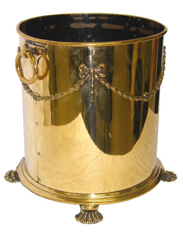 Appraisal: Brass cylindrical coal bucket with twin ring handles and ribbon