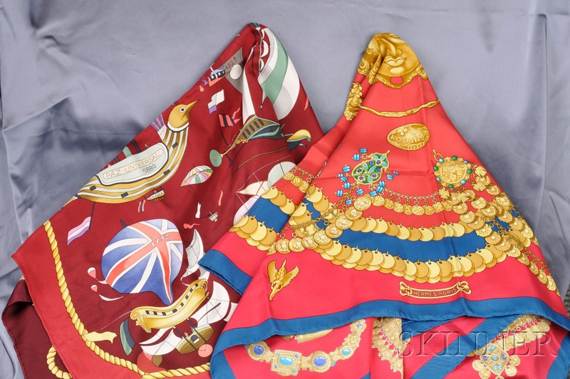 Appraisal: Two Silk Scarves Hermes Les Folies du Ciel depicting polychrome