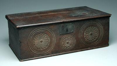 Appraisal: Carved oak bible box oak throughout with iron strap hinges