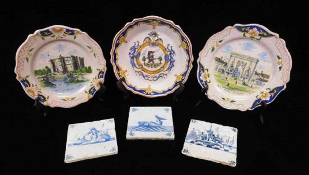 Appraisal: Six ceramic pieces including three early Delft tiles blue and