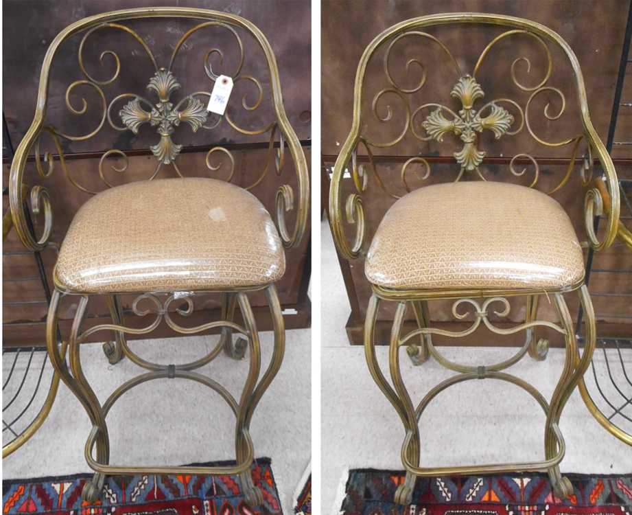 Appraisal: PAIR OF CONTEMPORARY BRONZED WROUGHT IRON ARMCHAIR BAR STOOLS Seat