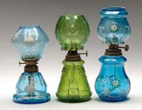 Appraisal: THREE FOREIGN MINI LAMPS Sapphire blue glass with Mary Gregory