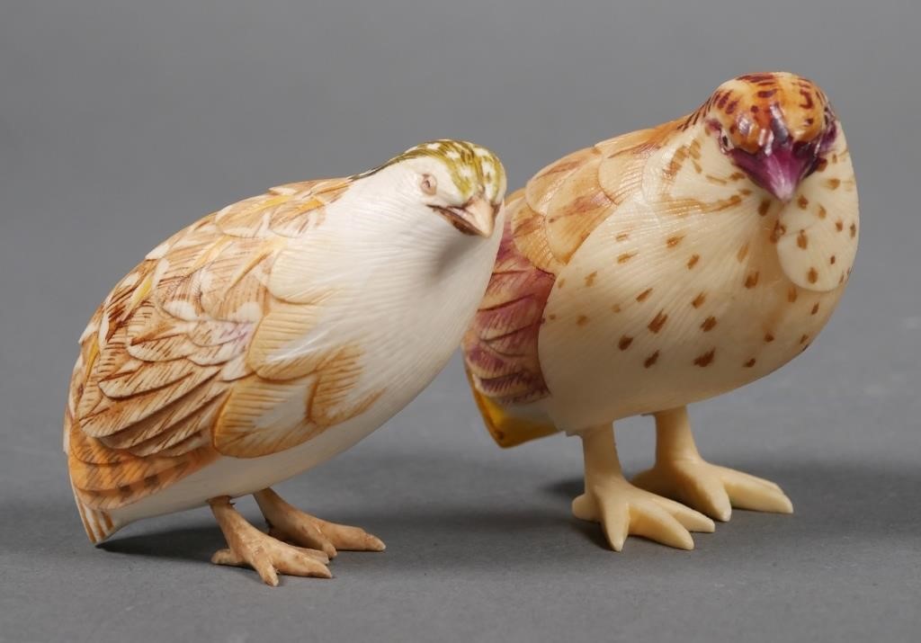 Appraisal: Finely carved polychrome Japanese ivory birds Fine condition Largest measures