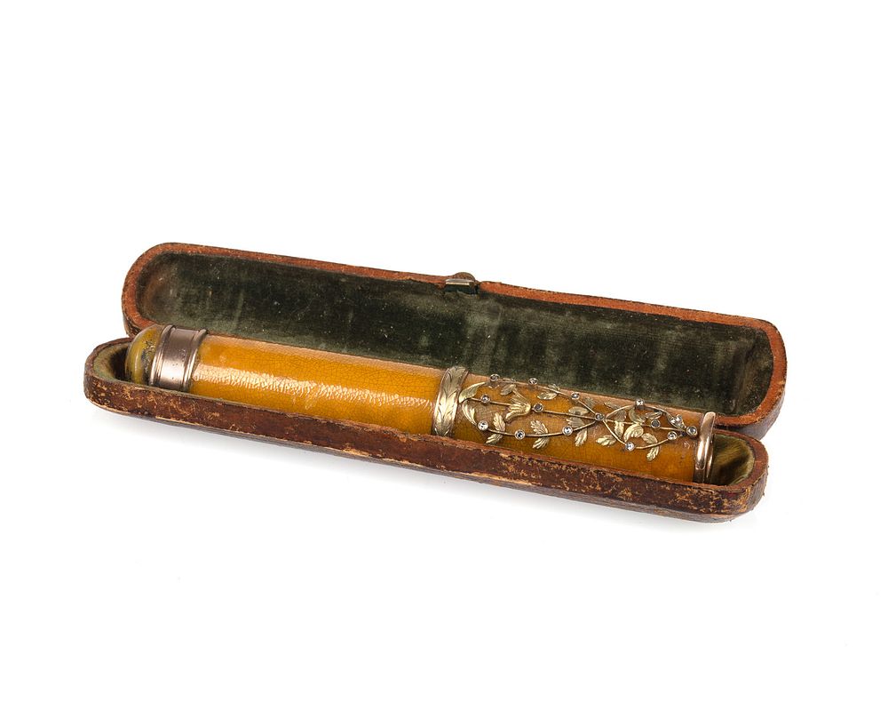 Appraisal: A RUSSIAN GOLD AND DIAMOND-MOUNTED ENAMEL CIGARETTE HOLDER WORKMASTER ALEXANDER