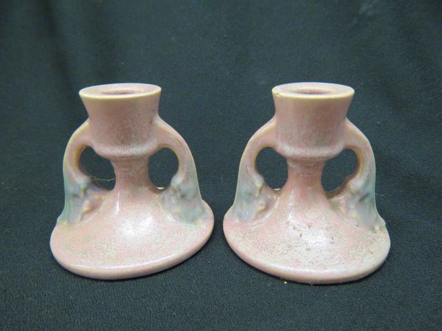 Appraisal: Roseville Pottery Tuscany Candleholders pink pair excellent