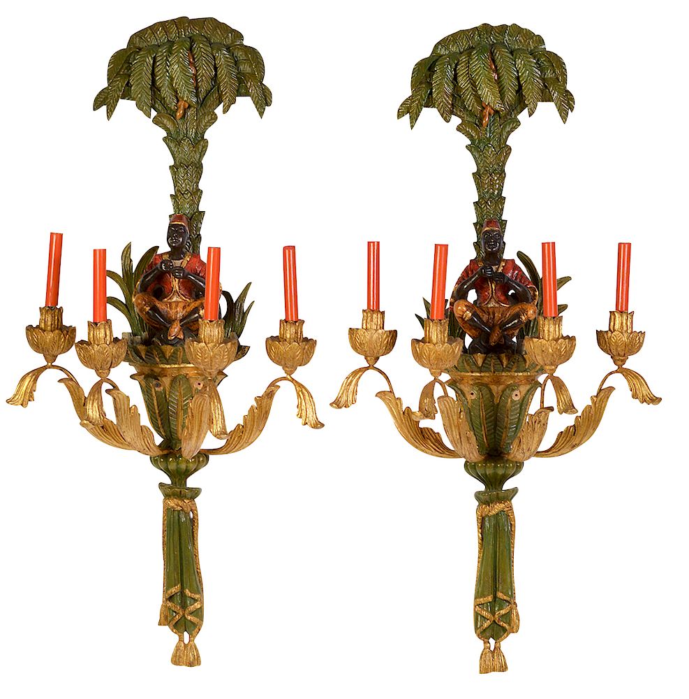 Appraisal: Pr Italian Carved Wood Palm Tree Sconces Pair of Italian