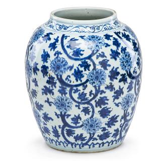 Appraisal: MING STYLE BLUE AND WHITE JAR Decorated with lotus flower