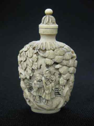 Appraisal: Chinese Carved Ivory Snuff Bottle villagersin elaborate foliage - ''