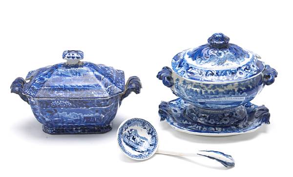 Appraisal: Two English blue and white historical Staffordshire sauce tureens with