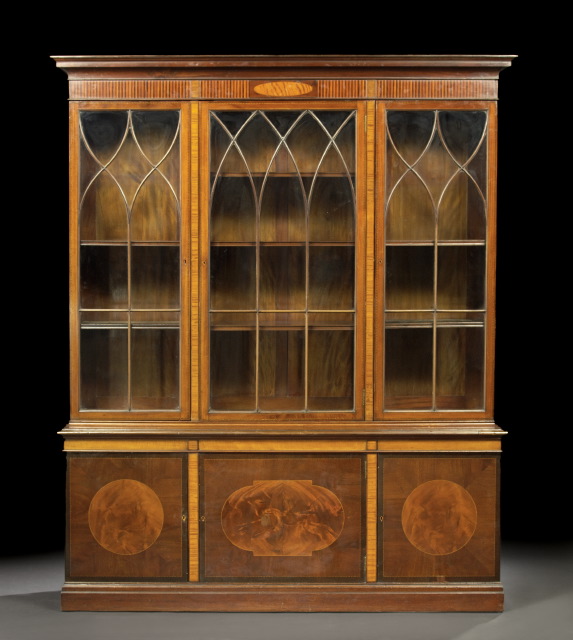 Appraisal: George III-Style Inlaid Mahogany Bookcase the molded cornice above an