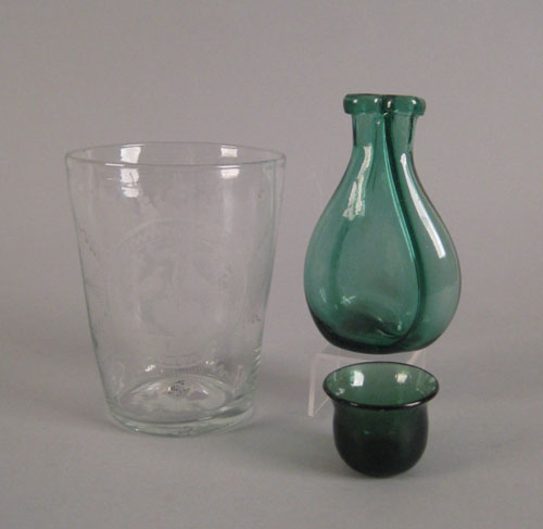 Appraisal: Deep green blown gemel flask with heavy folded lip together