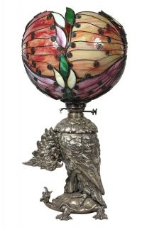 Appraisal: Art Nouveau leaded glass and silverplate figural table lamp executed