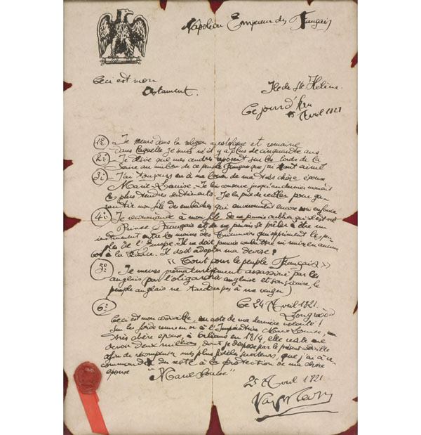 Appraisal: Copy of Napoleon's will executed on parchment signed with wax