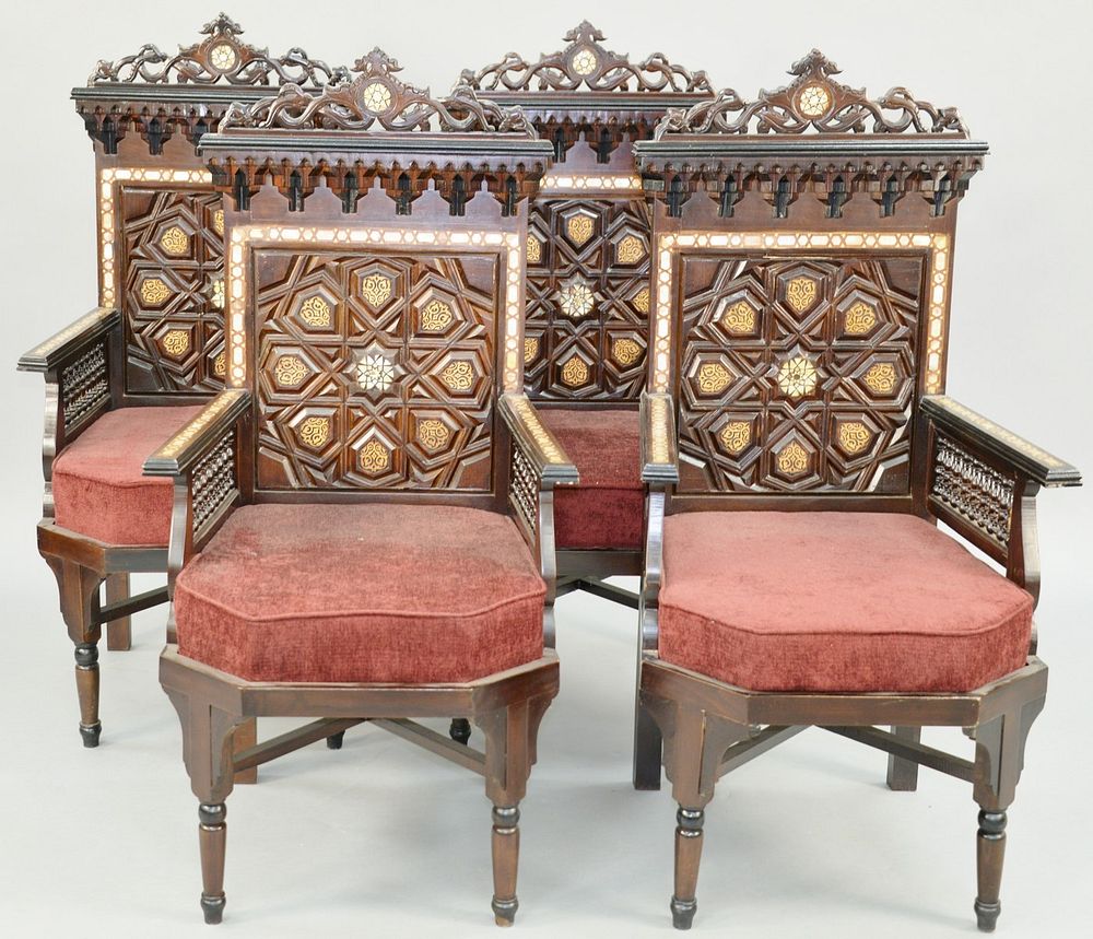 Appraisal: Set of Four Moorish Aesthetic Movement Armchairs mother of pearl