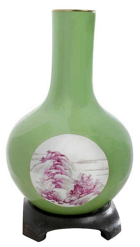 Appraisal: Yellow Green Chinese Bottle Vase with three famille rose circular