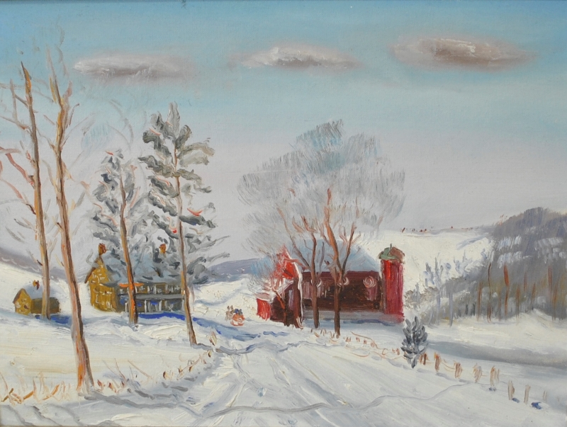 Appraisal: - Oil on artist board painting of a farm snow