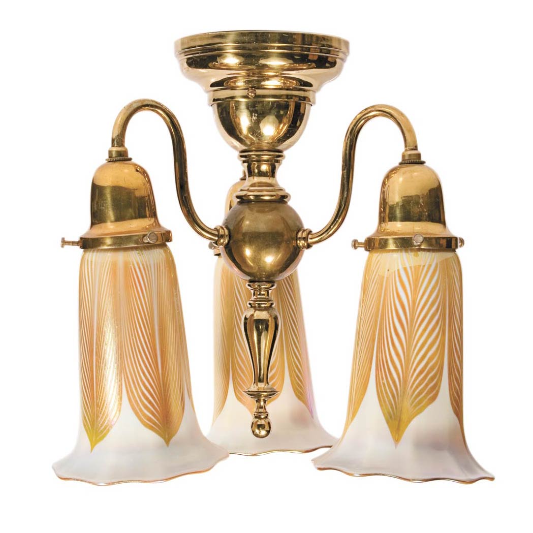 Appraisal: Quezal Glass and Brass Three-Light Ceiling Fixture Circa En suite