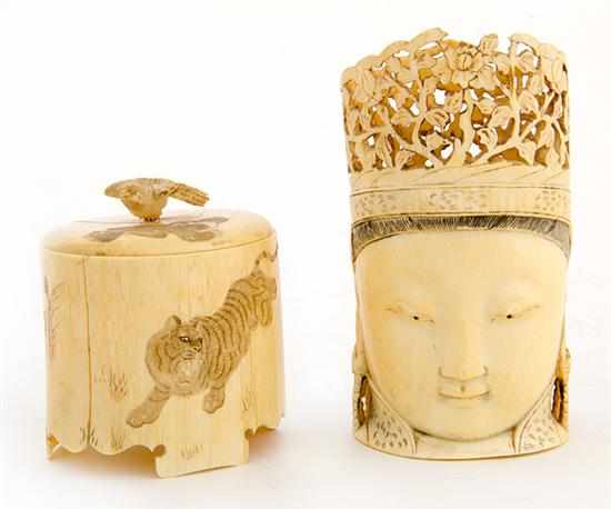 Appraisal: Japanese carved ivory box and vessel th century ovoid covered