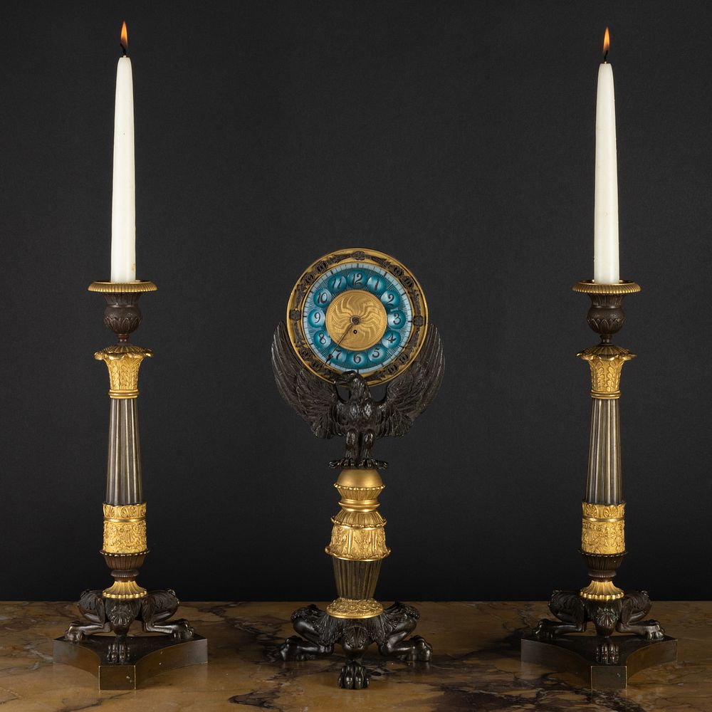 Appraisal: Charles X Ormolu and Gilt-Bronze-Mounted Clock Garniture Comprising A pair