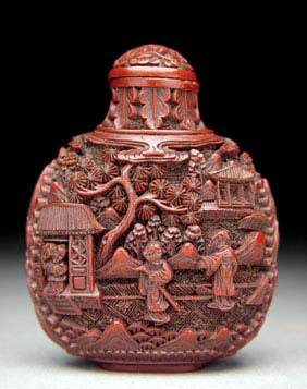 Appraisal: ANTIQUE CINNABAR SNUFF BOTTLE Antique and elaborately carved cinnabar lacquer