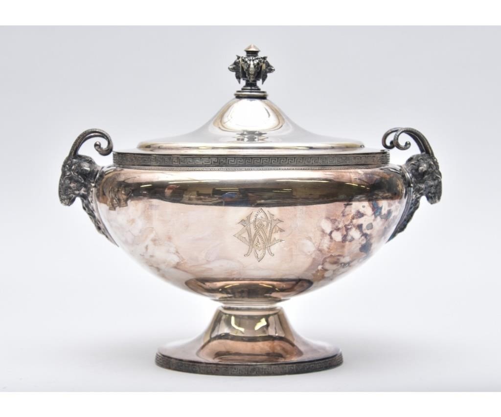 Appraisal: Gorham silver plate rams head handled tureen with animal head