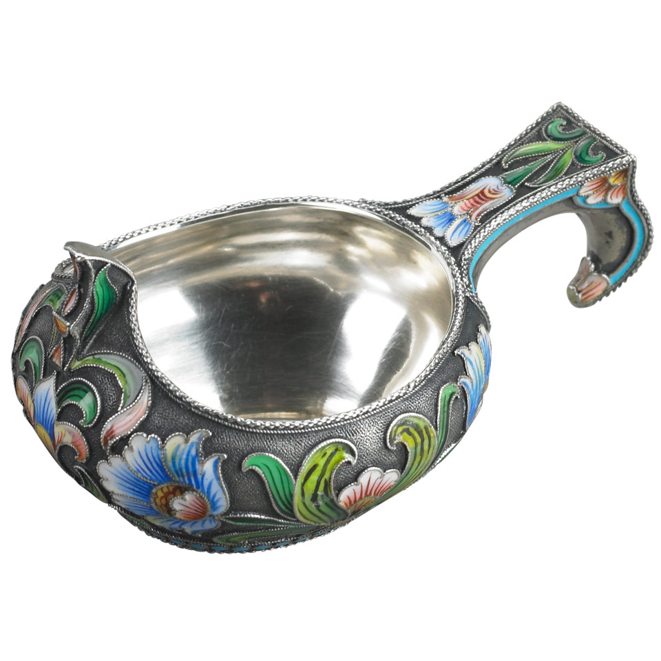 Appraisal: Russian Silver and Cloisonn Enamel Small Kovsh Maria Semenova Moscow