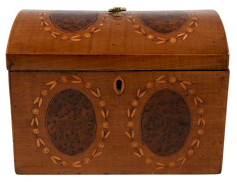 Appraisal: Satinwood and Burl Inlaid Tea Caddy British th century dome