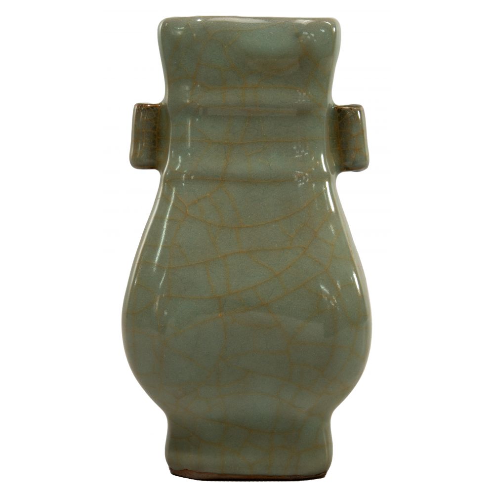 Appraisal: CHINESE CELADON CRACKLE GLAZED PORCELAIN HU VASEHaving rectangular tapering bulbous