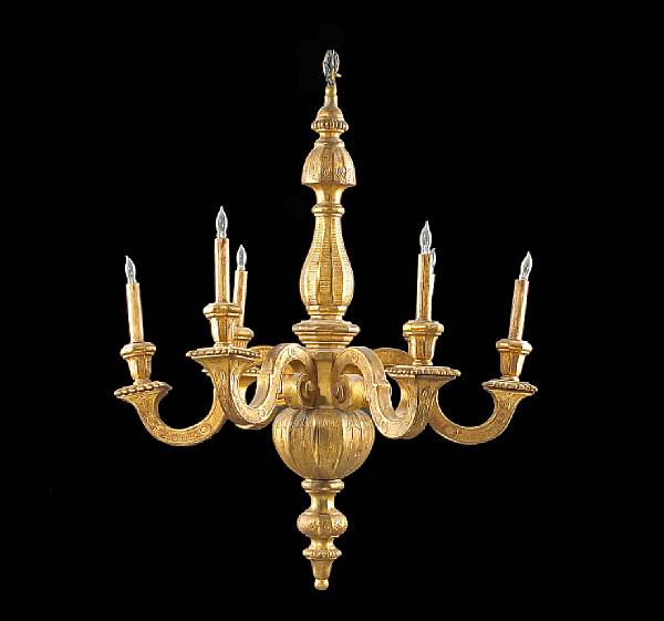 Appraisal: A George I style giltwood six light chandelier mid th