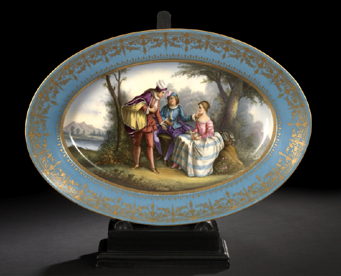 Appraisal: French Elaborately Decorated Sevres-Style Bleu-Celeste-Bordered Porcelain Platter fourth quarter th