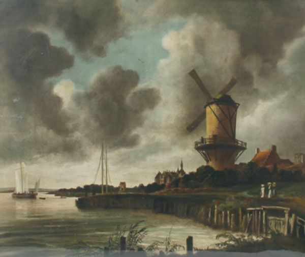 Appraisal: Large hand touched Dutch harbor print with windmill and overcast