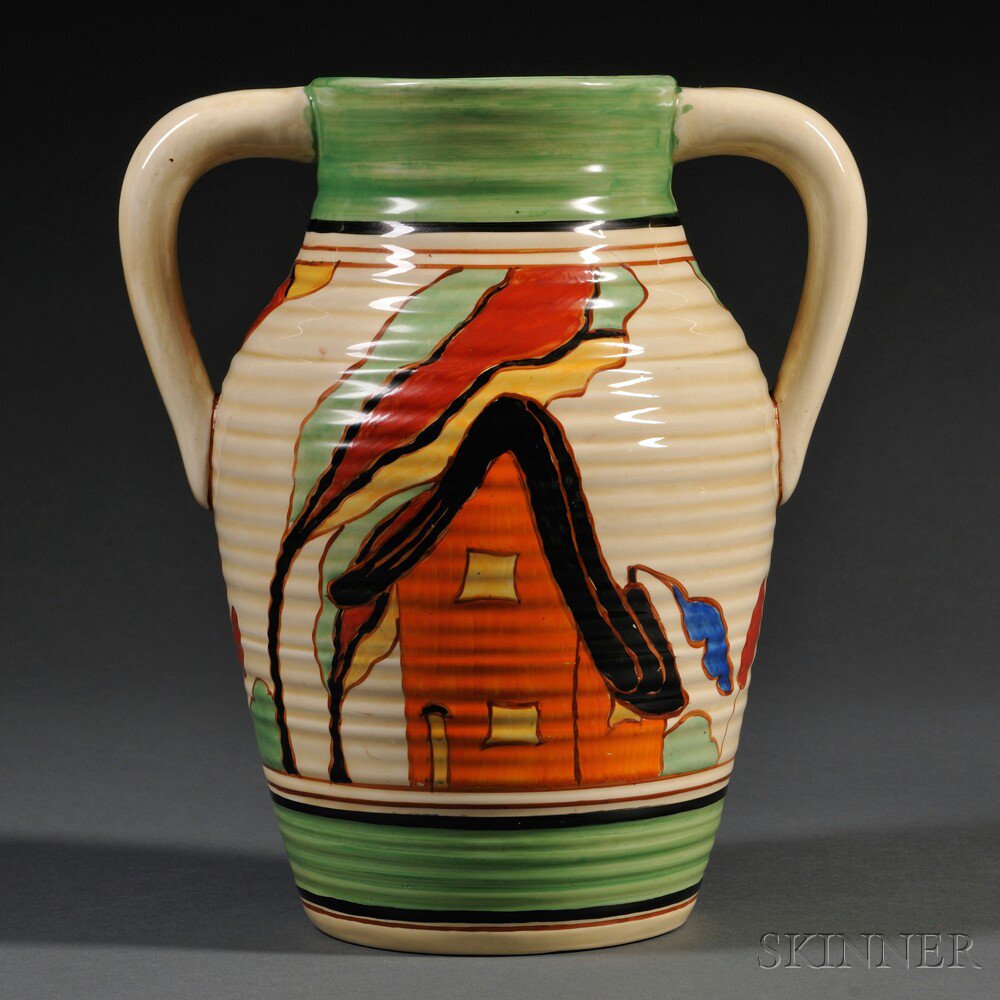 Appraisal: Clarice Cliff Orange House Double-handled Lotus Vase England c Fantasque