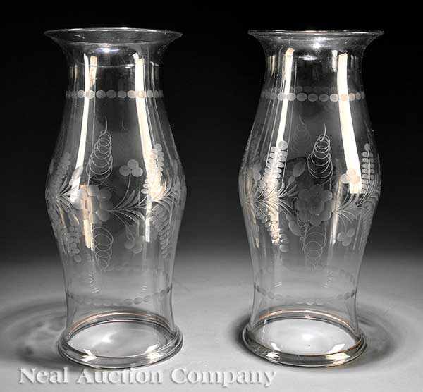 Appraisal: A Pair of Etched Glass Hurricane Shades floral decoration height