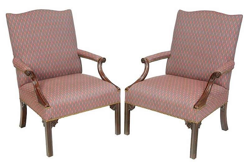 Appraisal: Pair Chippendale Style Mahogany Library Chairs th century molded mahogany