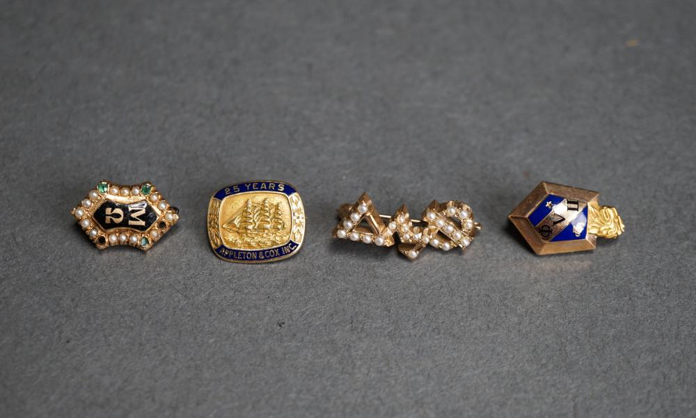 Appraisal: TWO -KARAT AND TWO -KARAT YELLOW-GOLD SORORITY PINS GROSS DWTTwo