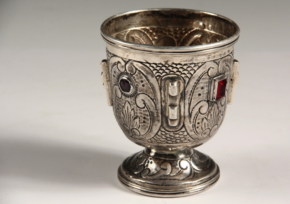 Appraisal: SILVER GOBLET - Spanish Repousse Decorated Silver Footed Goblet inset