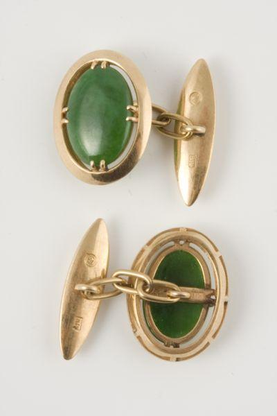 Appraisal: KT Jadeite Cufflinks rich spinach green cabochon Jadeite with four