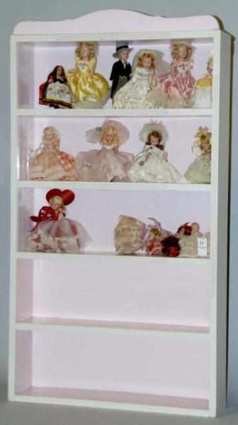 Appraisal: Glass and Wood Display with Fifteen Dolls Dolls have mostly