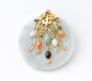 Appraisal: Carved Jadeite Pendant k Yellow Gold Emeralds Ladies carved jadeite