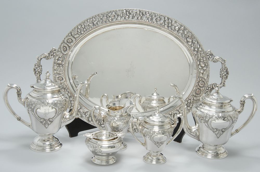 Appraisal: SIX-PIECE STERLING SILVER TEA SET WITH SILVER PLATED TRAY By