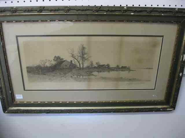 Appraisal: E Field Engraving of Farm Along the Water pencil signed