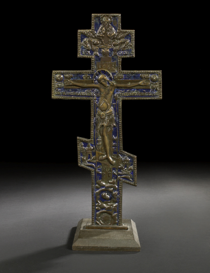 Appraisal: Russian Cobalt-Blue-Enameled and Patinated Brass Processional Crucifix fourth quarter th