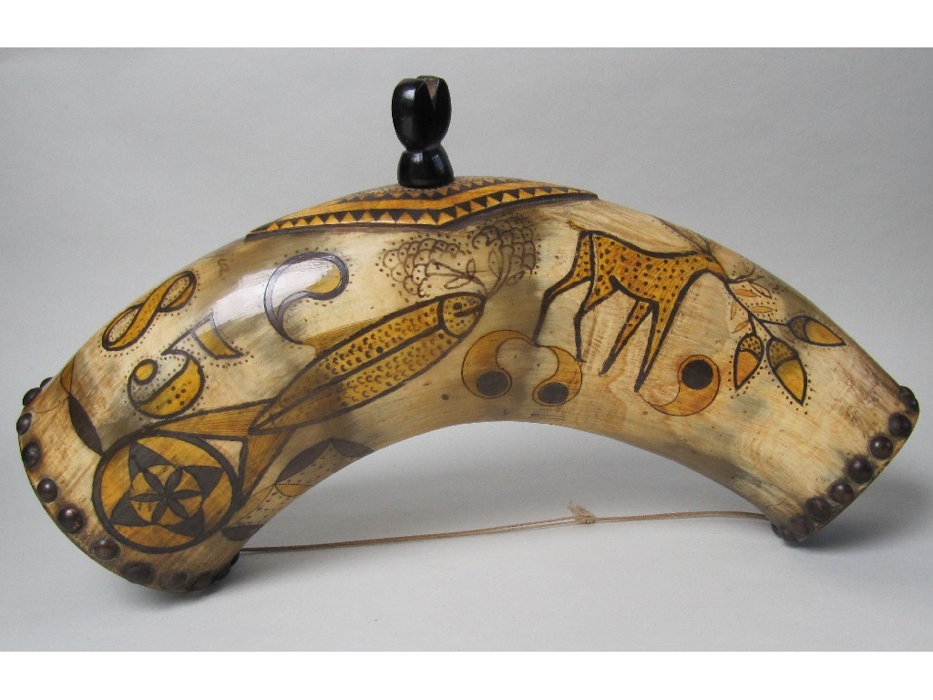 Appraisal: A Scandinavian cow horn flask stained and engraved with a