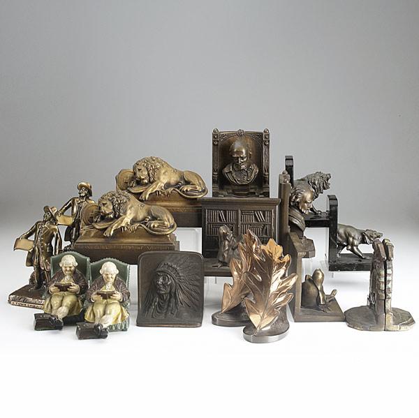 Appraisal: NINE PAIRS OF BOOKENDS Shakespeare Recumbent Lions Town Crier Bradley