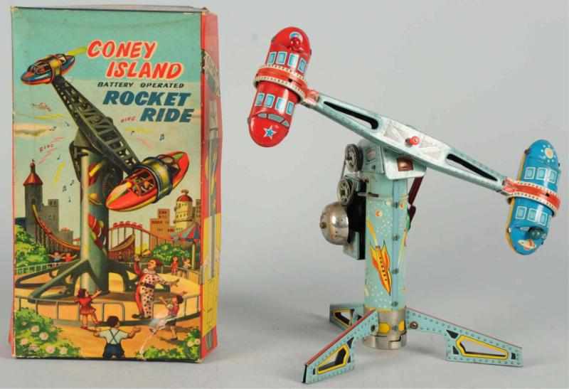 Appraisal: Tin Litho Cony Island Rocket Ride Battery-Op Toy Japanese Working