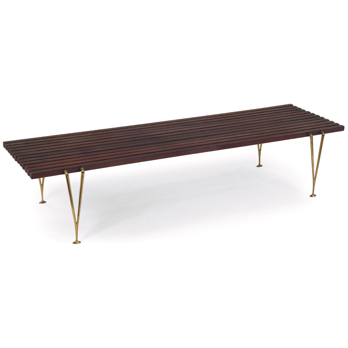 Appraisal: Hugh Acton coffee table bench slatted walnut top over brass