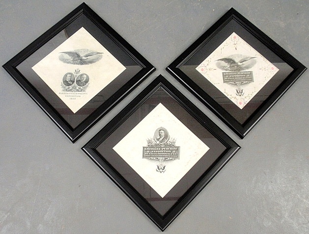 Appraisal: - Three framed and matted printed silk handkerchiefs- Louisiana Purchase