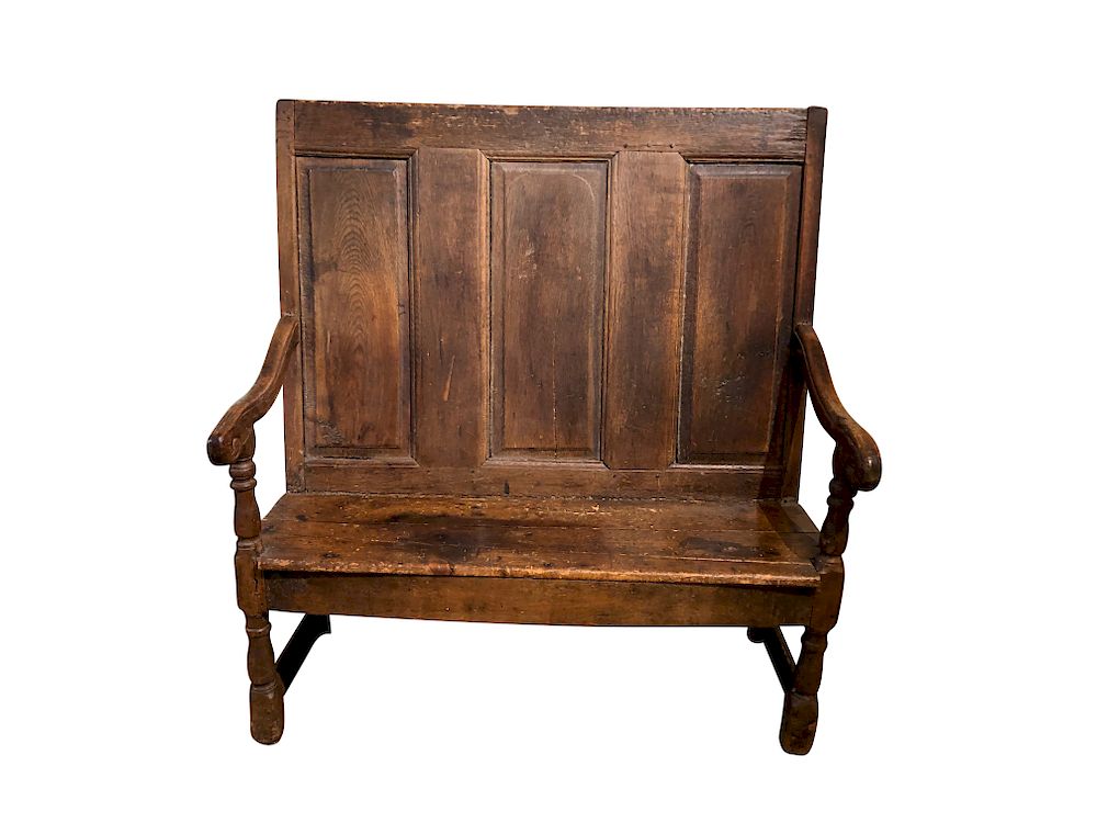 Appraisal: English Carved Elm Wood Tall Bench th Century English Carved