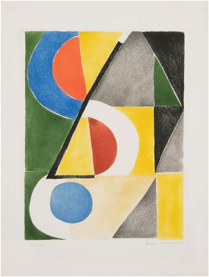 Appraisal: Sonia Delaunay - abstract composition with triangles and semicircles etching