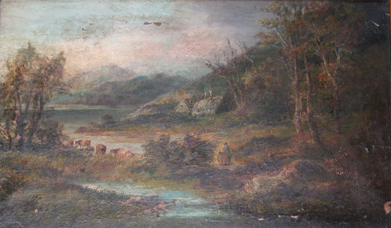 Appraisal: J Westall Jnr River landscape with farmsteads and cattle oil